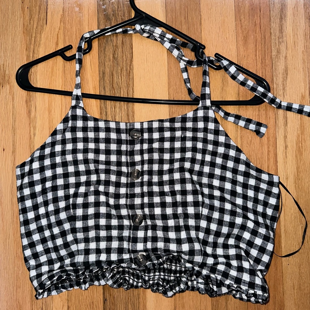 Black and white Gingham Crop Halter Top